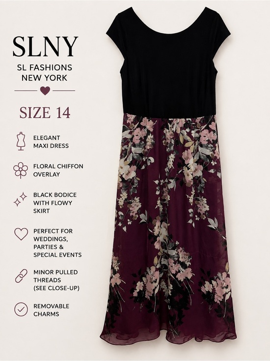 SLNY Dresses & Skirts - SLNY Size 14 Black Burgundy Floral Chiffon Maxi Dress with call outs